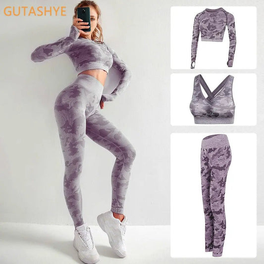 3PCS Camouflage Yoga Set for Women Seamless Fitness Yoga Bra Sports Bra High Waist GYM Camo leggings Pants Fitness Suits Workout