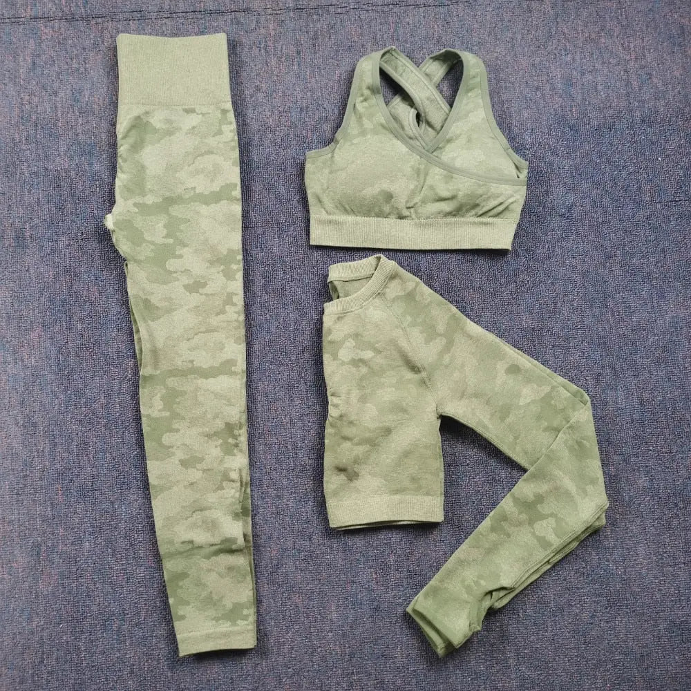3PCS Camouflage Yoga Set for Women Seamless Fitness Yoga Bra Sports Bra High Waist GYM Camo leggings Pants Fitness Suits Workout