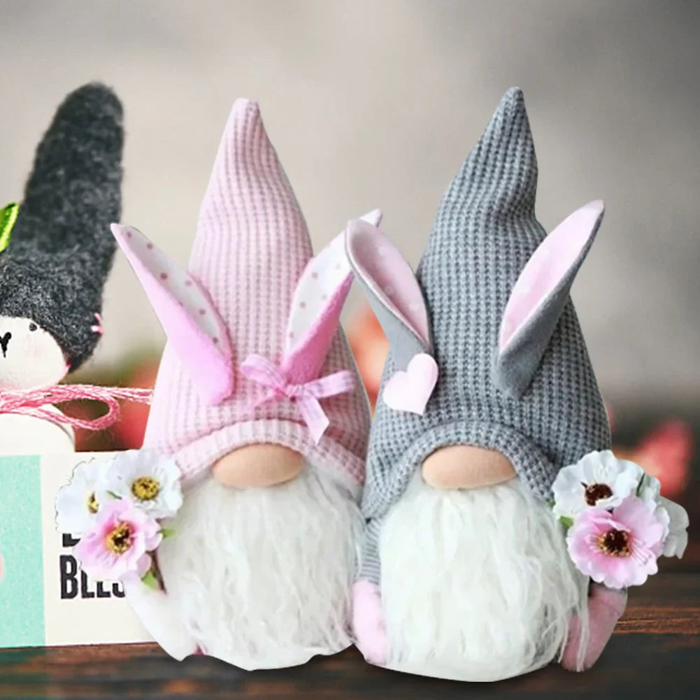 2Pcs Rabbit Ear Faceless Gnome with Knitted Hat Easter Old Man Dwarf Decor Festival Theme for Bedroom Living Room Decor