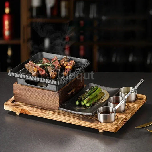 Dining room single and double tableware Cast iron barbecue plate Square alcohol oven baking tray Korean style barbecue stove set