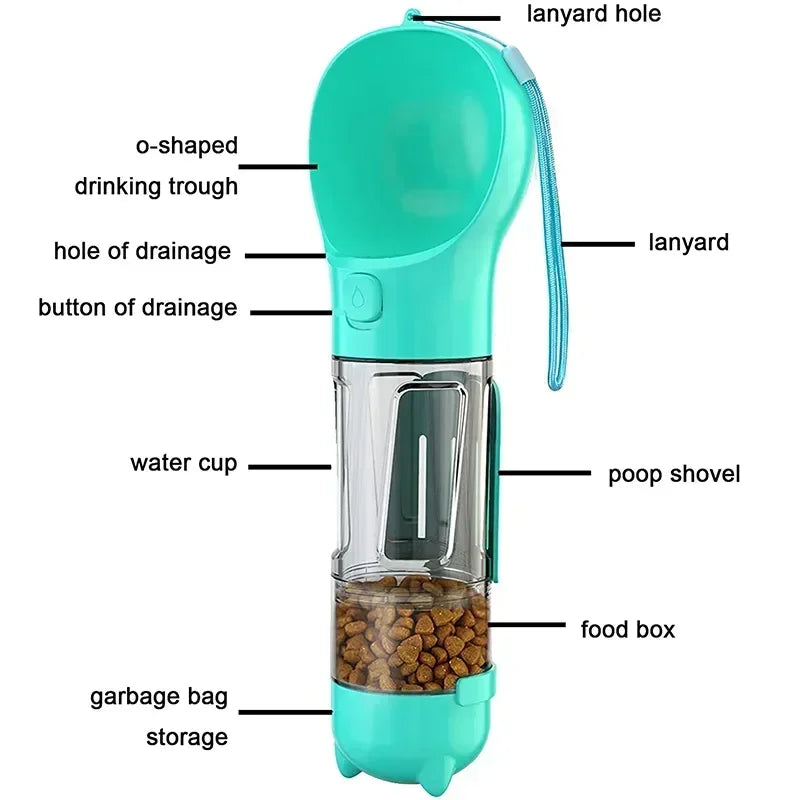 3 in 1 Portable Dog Water Bottle Pet Food Feeder Drinker Poop Dispenser Leak-proof Multifunctional Dog Water Bottle Dog Feeder