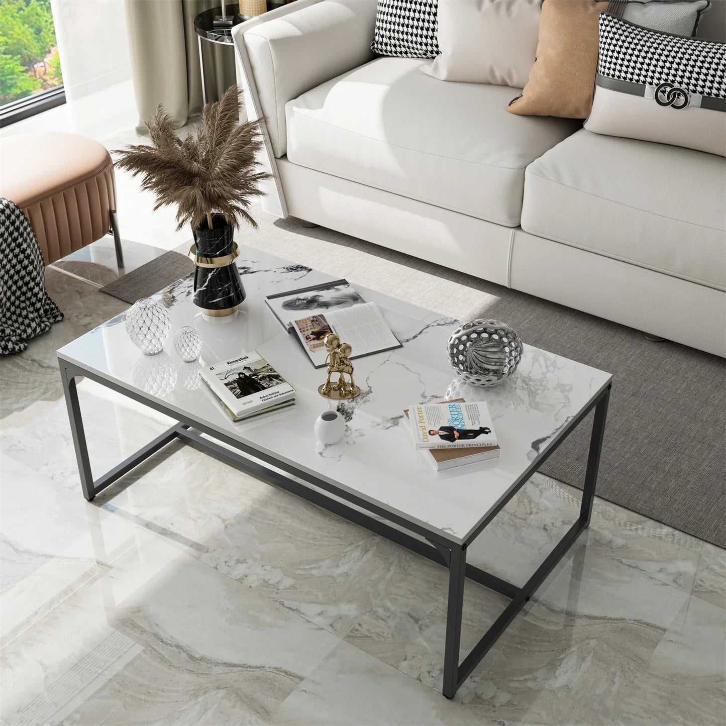 Ink Painting Texture Rectangular Coffee Table Modern Chic Sofa Side Sintered Stone-top Center Table Aluminum Frame