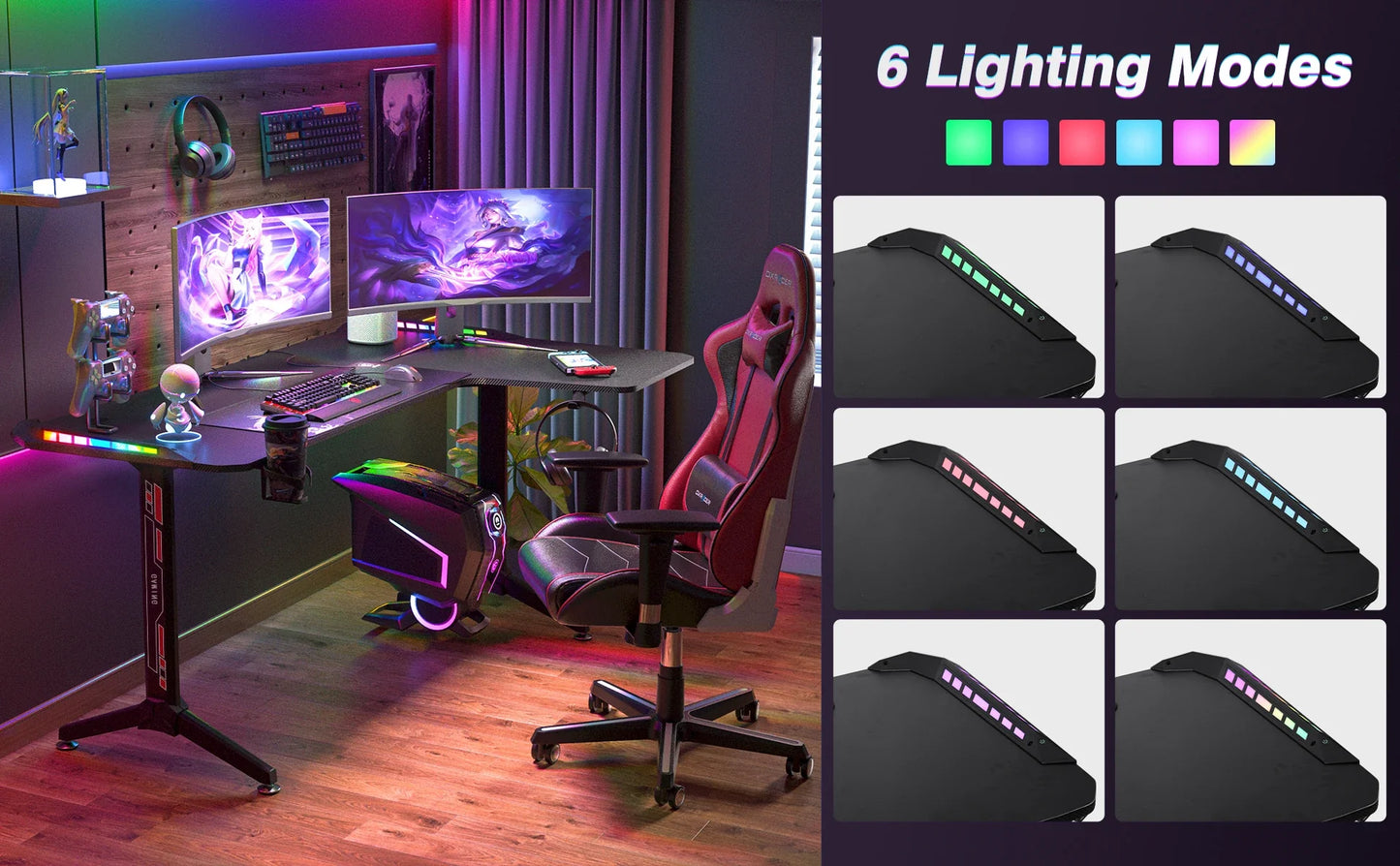 L Shape Corner Desk Game Table with 6 Colors RGB Light Headphone Hook and Cup Holder