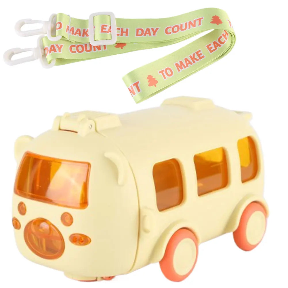 500ML Bus Shape Cartoon Water Cup with Movable Wheels & Strap Plastic Drinking Bottle Leakproof for Home Travel School