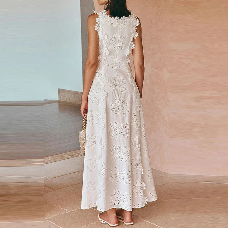 Elegant Hollow Out Floral Bandage Party Dress New Solid Color Lace Embroidery Evening Dress Trendy Sleeveless Women White Dress