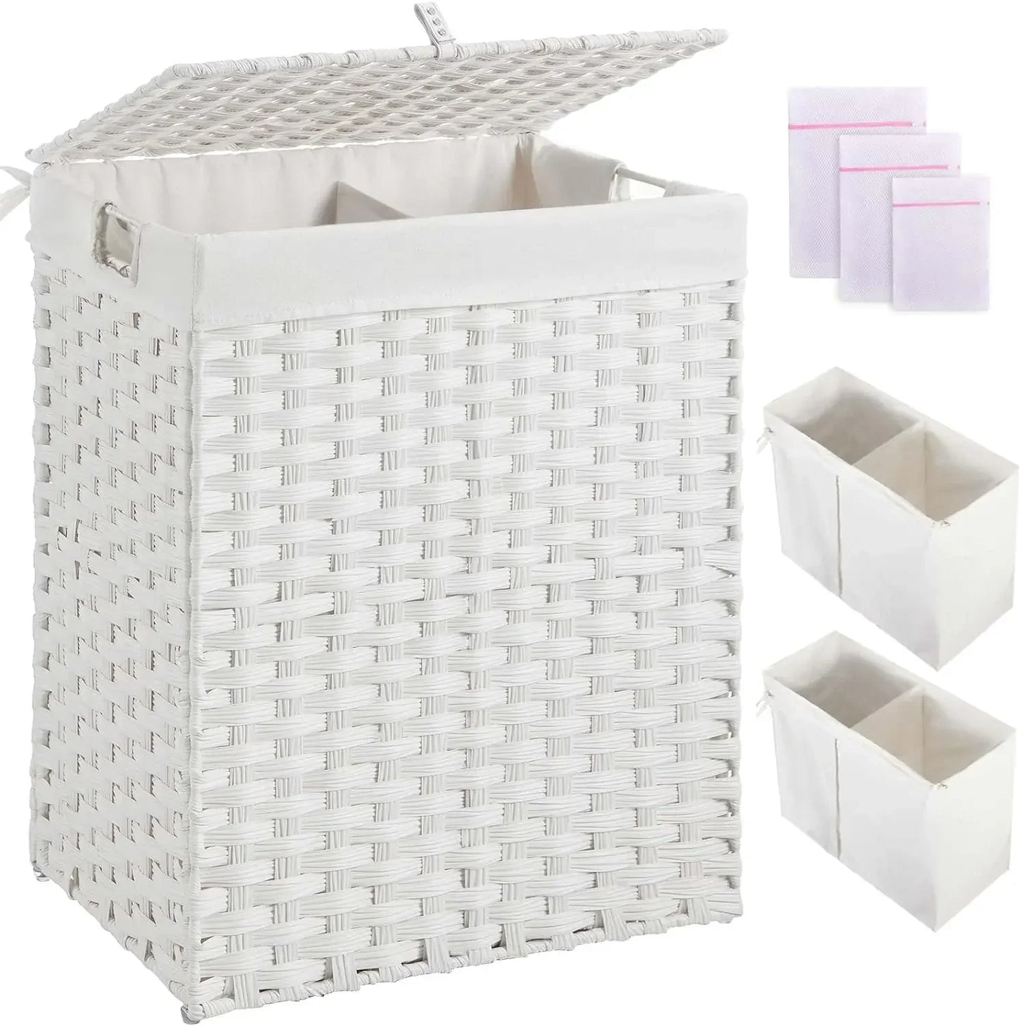 Greenstell Laundry Hamper with lid, No Install Needed, 110L Wicker Laundry Baskets Foldable 2 Removable Liner Bags, 2 Section