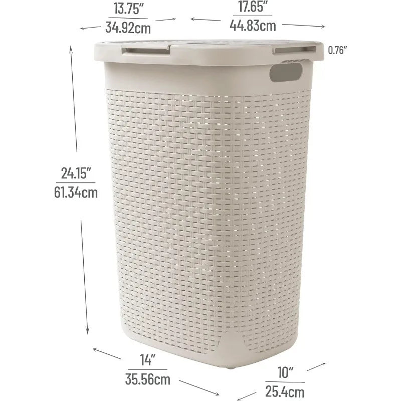60L Slim Laundry Hamper, Clothes Basket, Lid, Wicker Design, Plastic