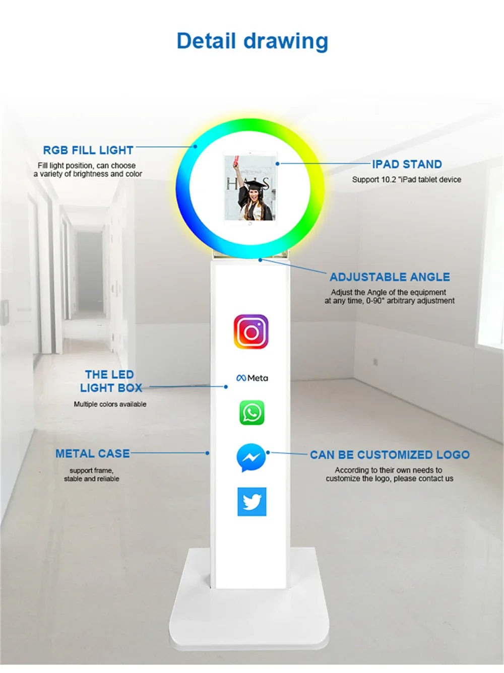 iPad Photo Booth Selfie Machine Shell Adjustable Stand Photobooth With LED Ring Light Customized LOGO For Wedding Partys Events