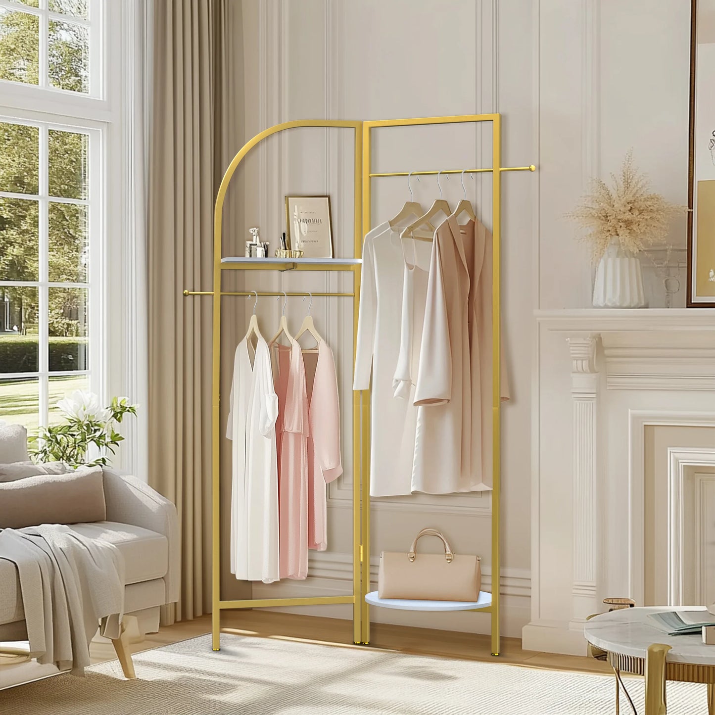 Adjustable Angle Gold Metal Coat Rack with Shelves and Hanging Rod Corner Clothes Stand for Home Clothes Organization