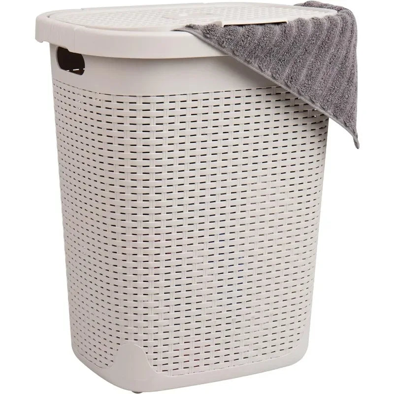 50L Slim Laundry Hamper, Clothes Basket, Lid, Wicker Design, Plastic, 17.65"L x 13.75"W x 21"H