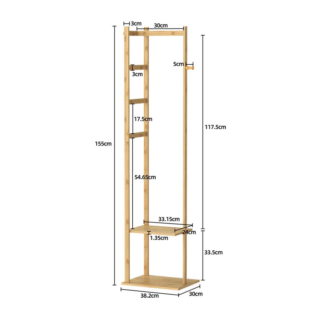 Bamboo Garment Coat Clothes Stand Rack Hat Shoe Wooden Hanger Holder Shelf Tidy Garment Hanging Rail Hooks