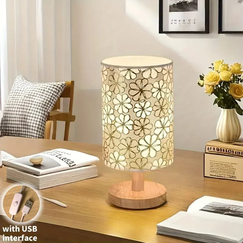 Simple cloth cover table lamp wooden base, USB power supply