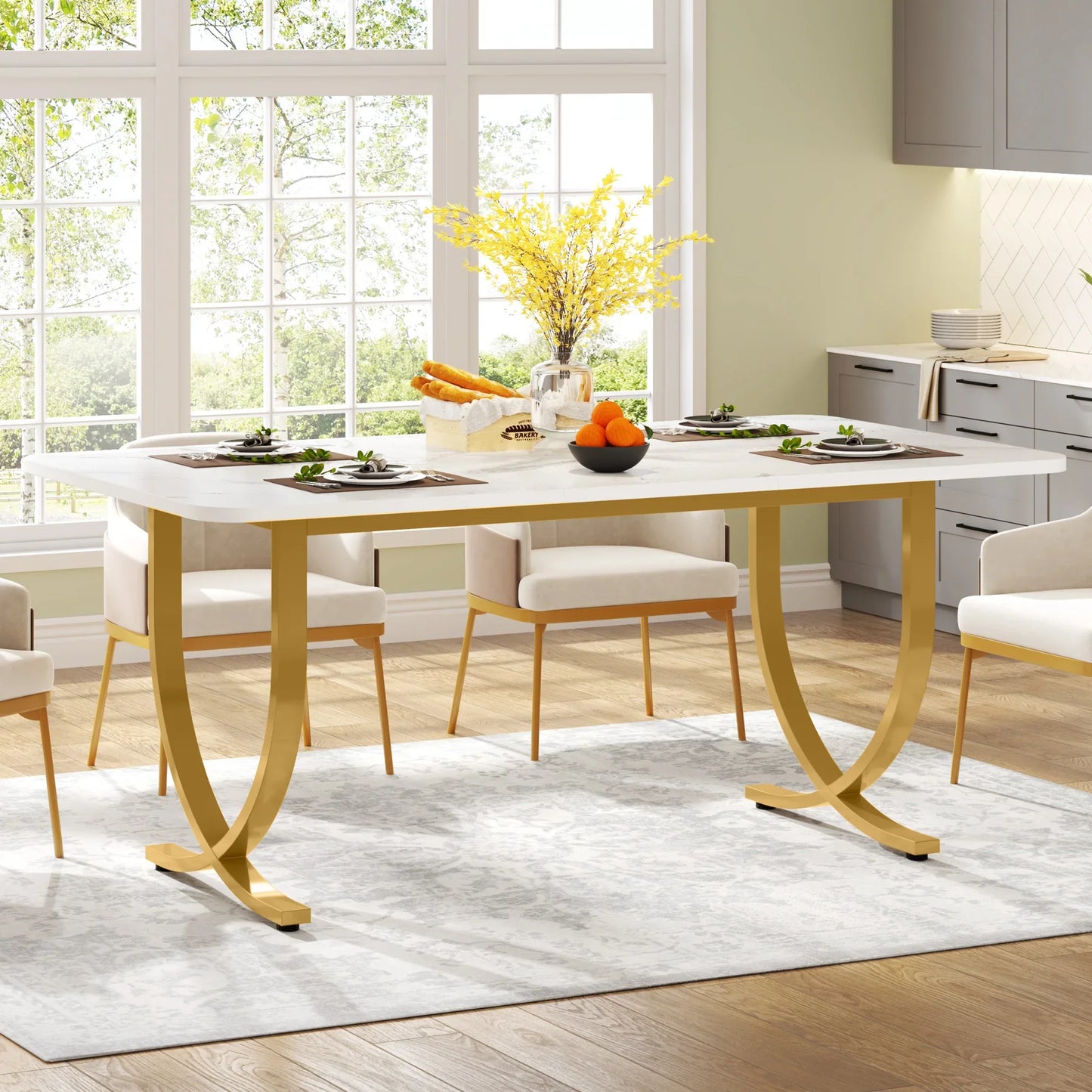 Tribesigns 63-Inch Rectangular Dining Table for 4 to 6, Modern Kitchen Table with Faux Marble Table Top, White Dinner Tables