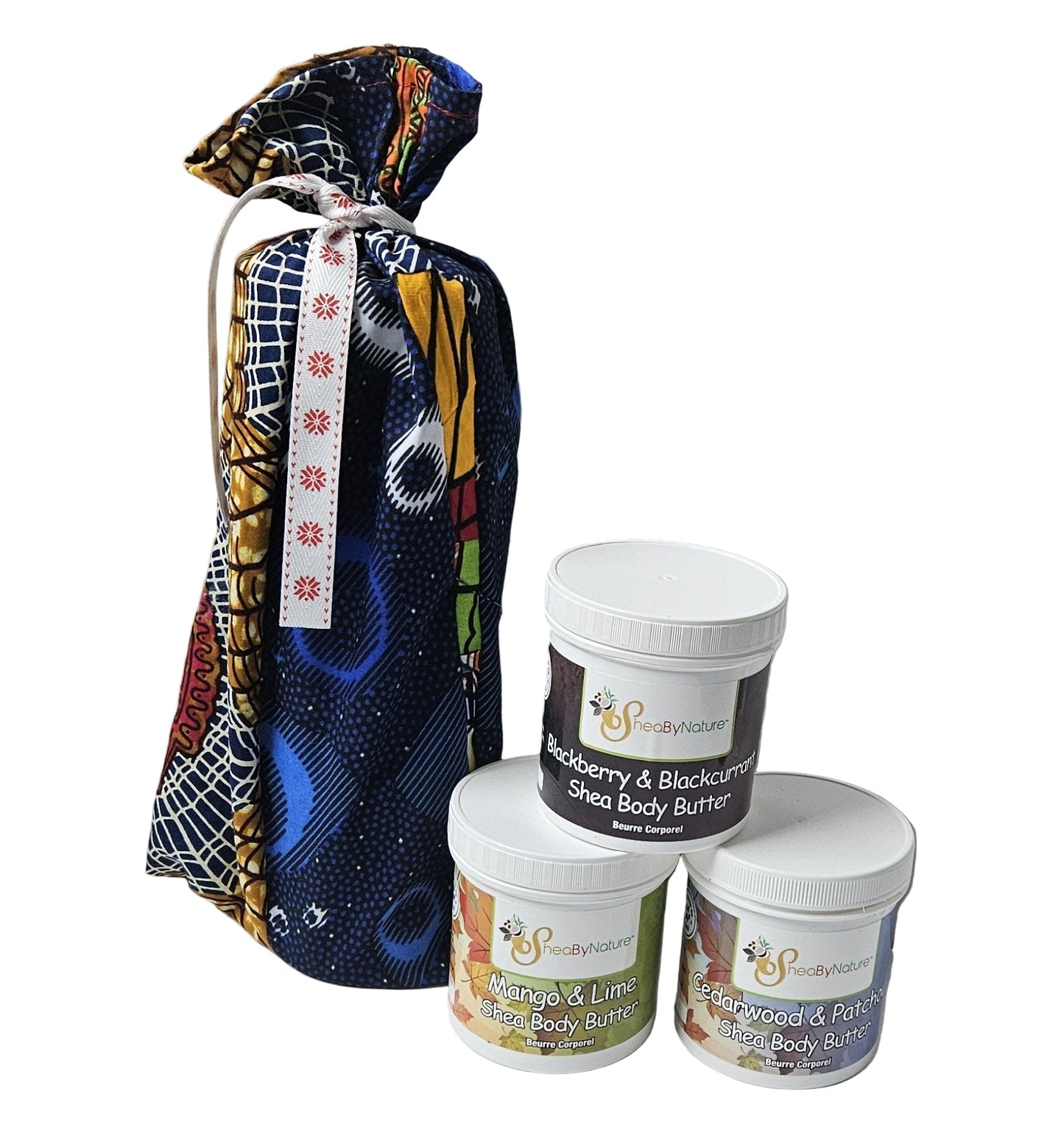 A gift set of Wild Blackberry body butter, Cedarwood Patchouli Body butter,  Mango Lime shea body butter, in a jute bag