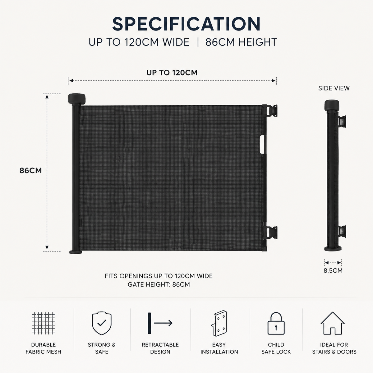 FYLO Premium Baby Fabric Safety Retractable Stair Gate - Grey (Upto 120cm Width)