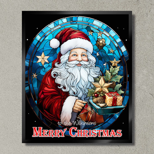 Illuminated Artwork Christmas Illustration "Stained Glass Santa" with Personalisation