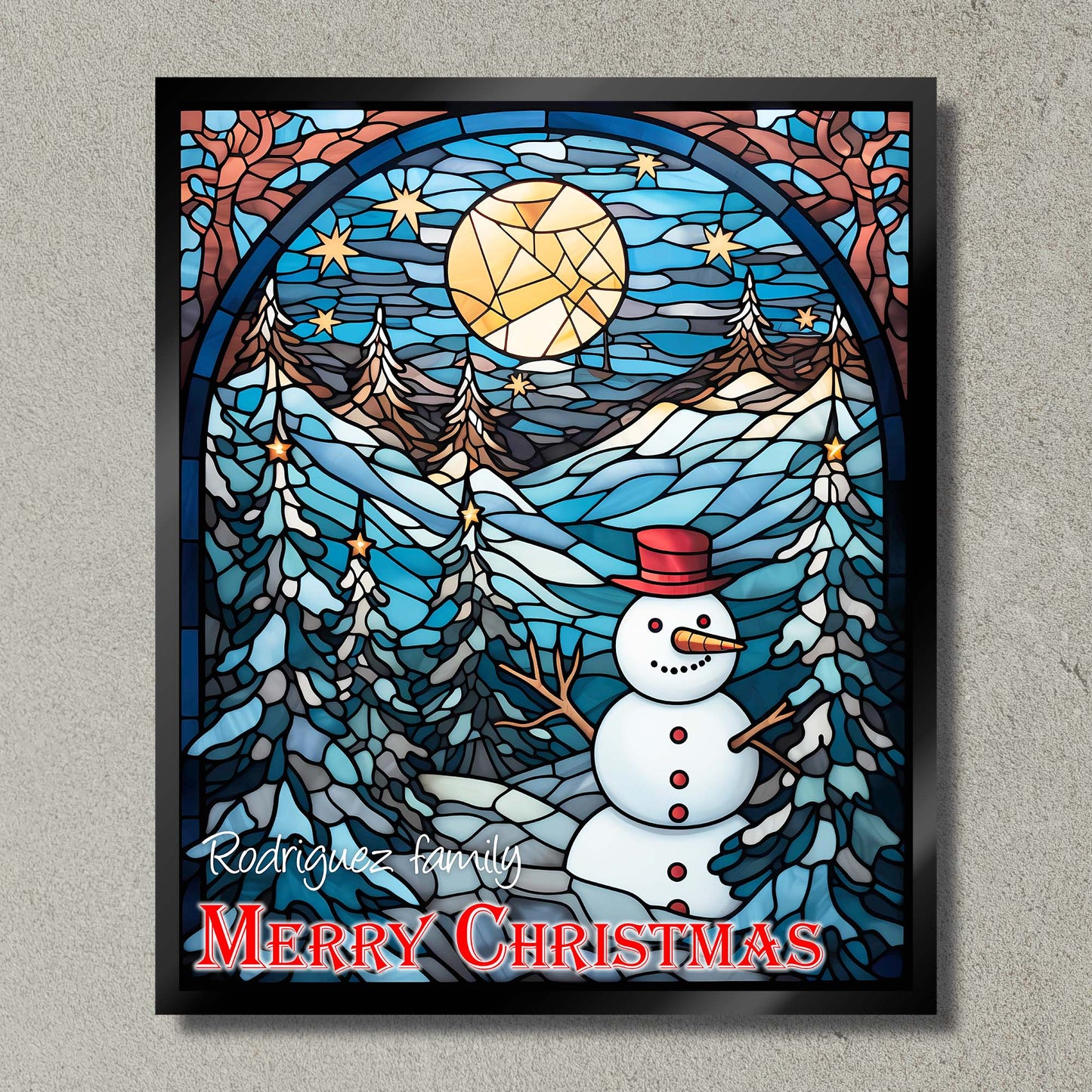 Illuminated Artwork Christmas Illustration "Stained Glass Snowman" with Personalisation
