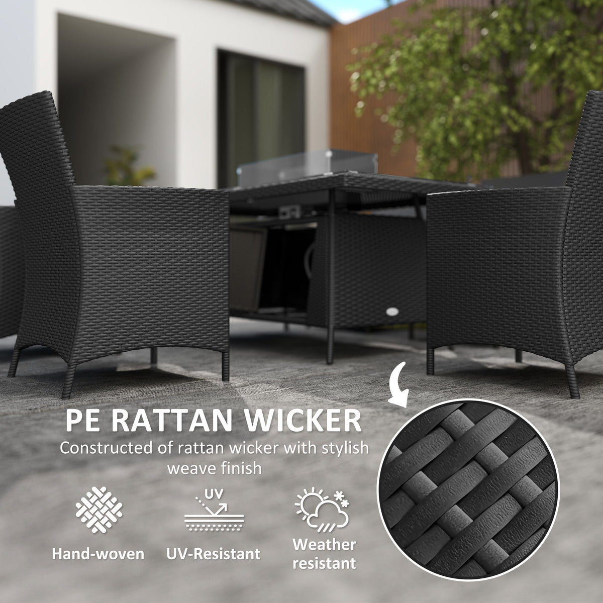 Outsunny Rattan Dining Set with Fire Pit Table and Armchairs, Black