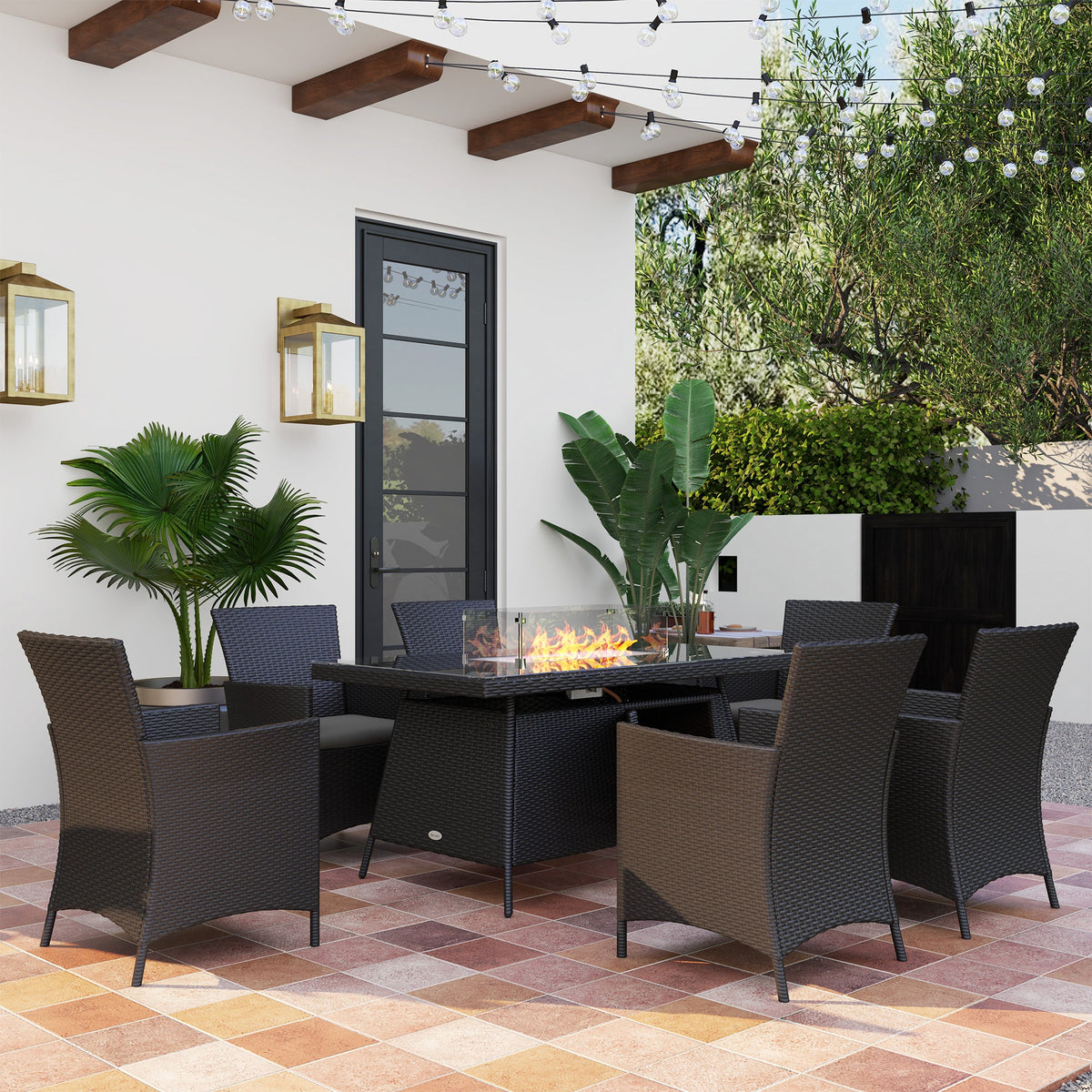 Outsunny Rattan Dining Set with Fire Pit Table and Armchairs, Black
