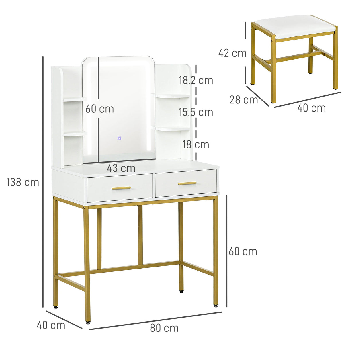 HOMCOM Makeup Vanity Desk Set with Lighting Mirror, Stool, Drawers, White