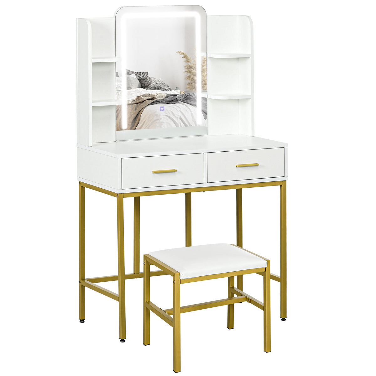 HOMCOM Makeup Vanity Desk Set with Lighting Mirror, Stool, Drawers, White