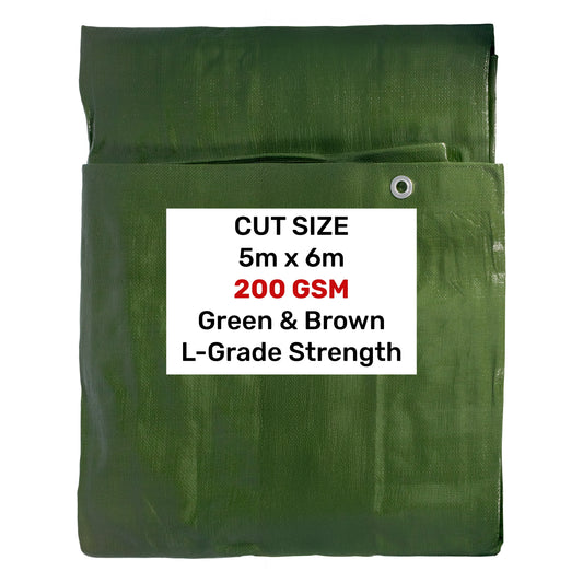 Green Brown L-Grade Tarpaulin 5m x 6m Outdoor Ground Sheet Heavy Duty Nylon Ties