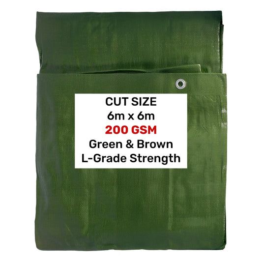 Green Brown L-Grade Tarpaulin 6m x 6m Outdoor Ground Sheet Heavy Duty Nylon Ties