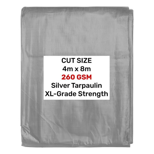 Silver XL-Grade Tarpaulin 4m x 8m Waterproof Tarpaulin Cover Reinforced Eyelets