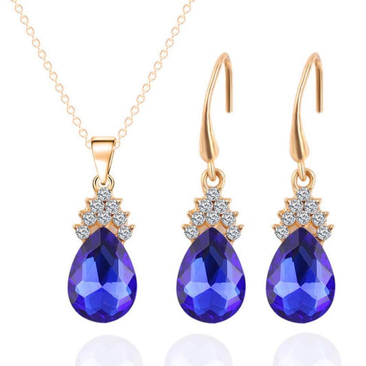 Fashion Diamond Ladies Crystal Zircon Drop Necklace Earring Set(Blue)