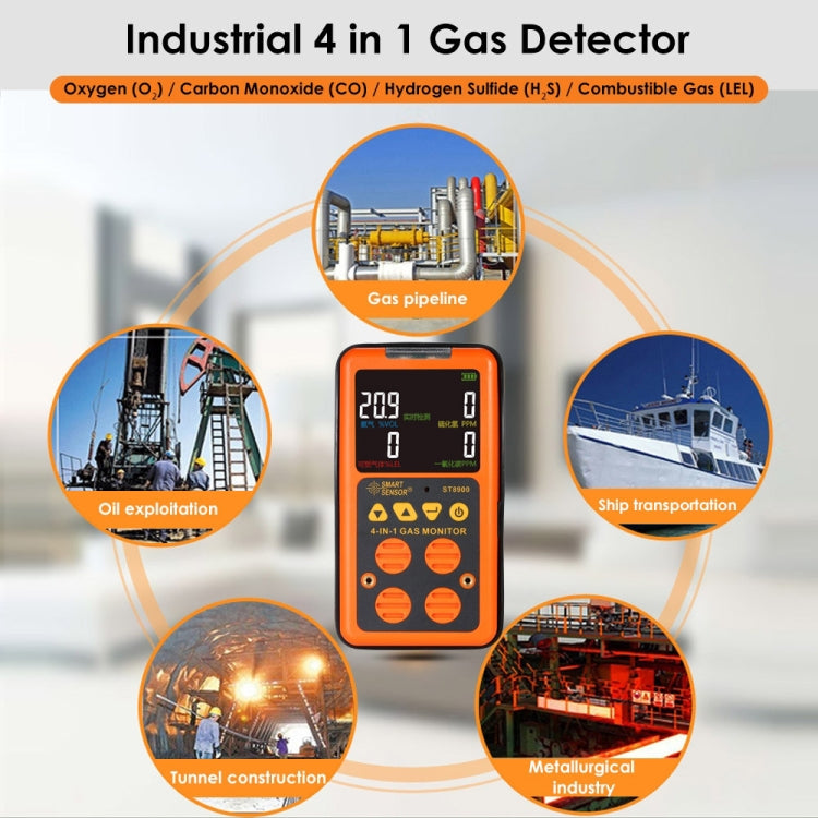 SMART SENSOR ST8900 4 in 1 Toxic Gas CO Carbon Monoxide Detector Hydrogen Sulfide H2S Oxygen Combustible Gas Test LCD Display Monitor, Sound Light Vibration Alarm