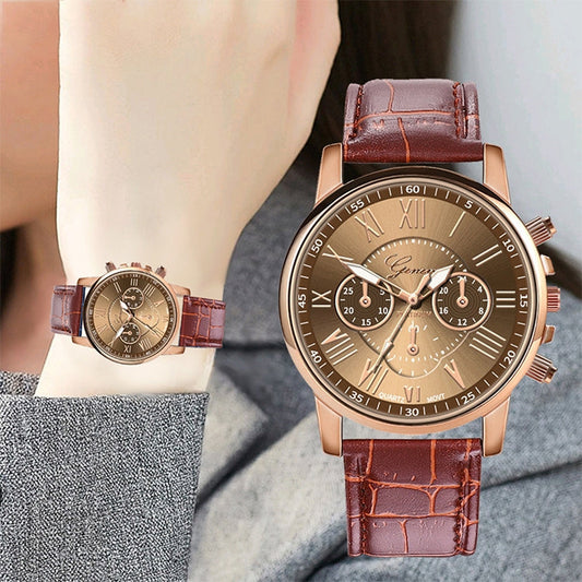 Three-eye Six-needle Imitation Belt Quartz Watch for Women / Men, Black, Blue, Brown, White