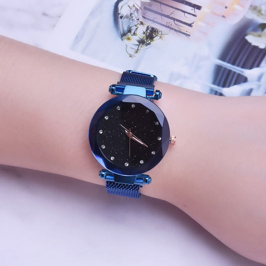 Luxury Mesh Ladies Clock Magnet Buckle Starry Diamond Geometric Quartz Wristwatch Women Watches, Rose gold, Blue, Black, Purple
