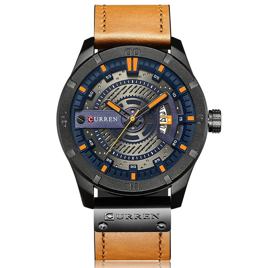 CURREN M8301 Men Military Sports Watch Quartz Date Clock Leather Wristwatch(black case orange)