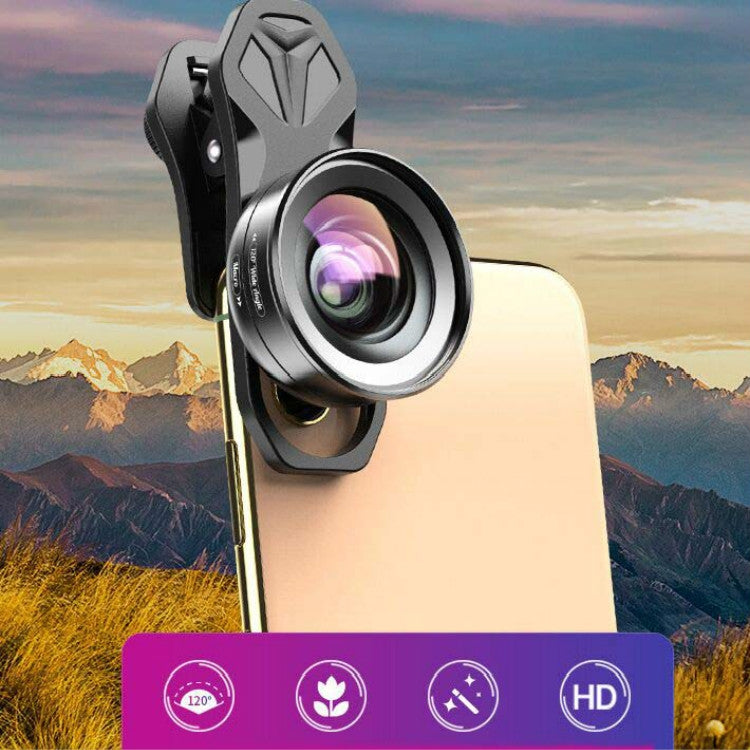 APEXEL APL-HD52IN1WM 2 in 1 Distortion-free HD 120-degree Wide-angle + 10X Macro Universal SLR External Mobile Phone Lens Set(Telephoto Clip)