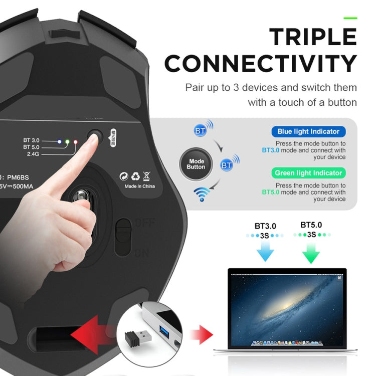 Inphic A1 6 Keys 1000/1200/1600 DPI Home Gaming Wireless Mechanical Mouse, Colour: Gray Wireless+Bluetooth 4.0+Bluetooth 5.0, Black Wireless Charging Silent Version, Gray Wireless Charging Silent Version, Gray Wireless+Bluetooth 4.0+Bluetooth 5.0      ...