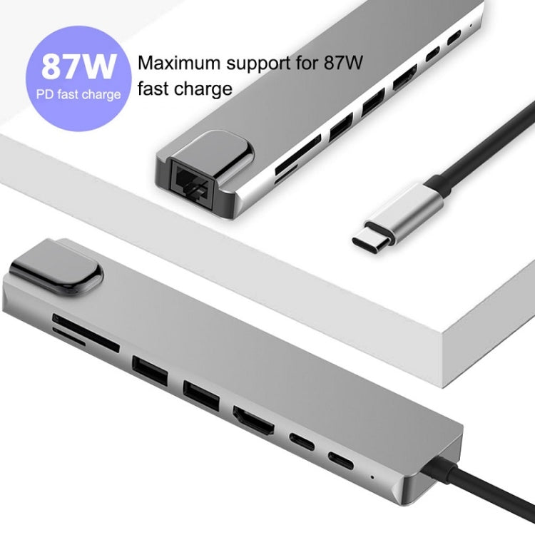 WC7367 8 in 1 87W Type-C to PD+USB3.0/USB2.0+SD+TF+HDMI+RJ45+Type-c Docking Station HUB, WC7367