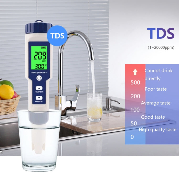 EZ-9909 PH/Salinity/Temperature/TDS/EC 5-in-1 Test Pen Multifunctional Water Quality Detector, 5-in-1 Test Pen