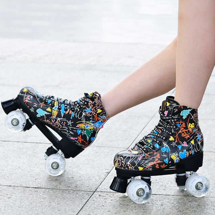 Adult Children Graffiti Roller Skates Shoes Double Row Four-Wheel Roller Skates Shoes, 42