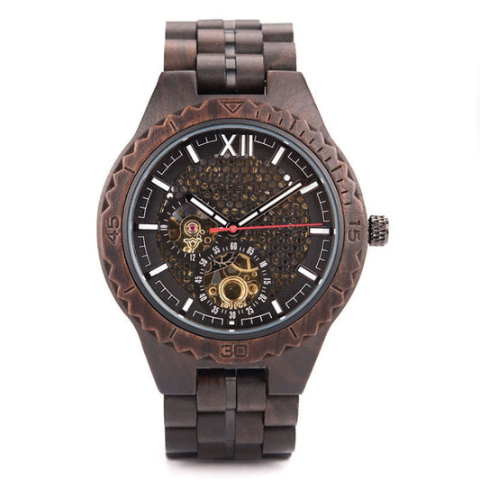 Hollow Dial Wooden Strap Men Mechanical Watch, D27-1, D27-2