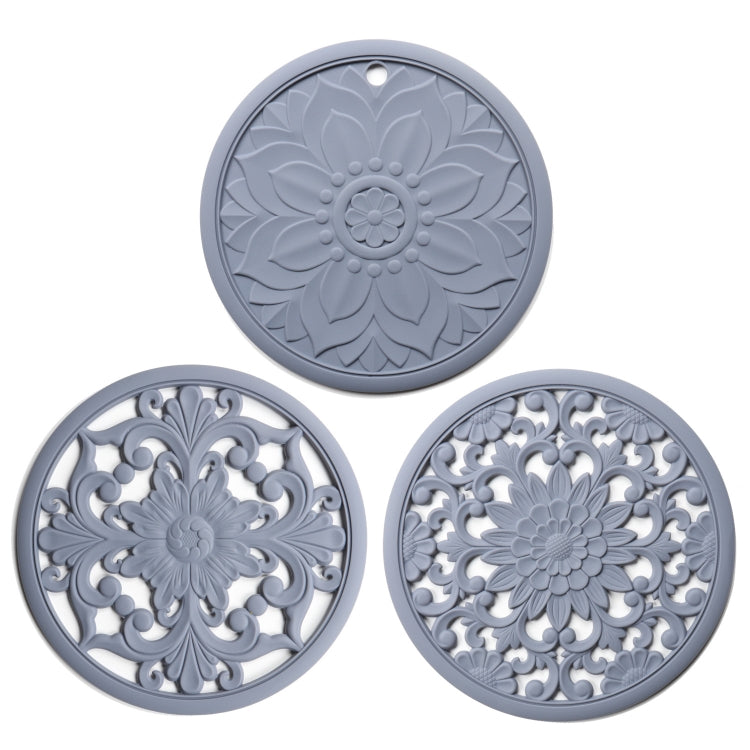 3 in 1 Hollow Flower Silicone Heat Insulation Pad Anti-Scalding Pot Bowl Pad Set, Black, Yellow, Blue, Green, Purple, Gray
