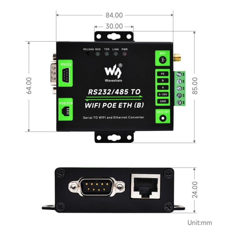 Waveshare Industrial Grade Serial Server RS232/485 to WiFi / Ethernet, RJ45 Network Port, RJ45 Network Port with POE Support