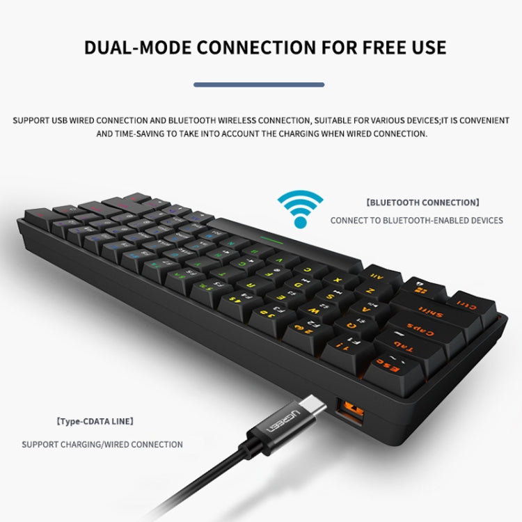 LEAVEN K28 61 Keys Gaming Office Computer RGB Wireless Bluetooth + Wired Dual Mode Mechanical Keyboard, Cabel Length:1.5m, Green Axis (White), Green Axis (Blue), Green Axis (Pink), Red Axis (White), Red Axis (Blue), Red Axis (Pink), Tea Axis (White)   ...