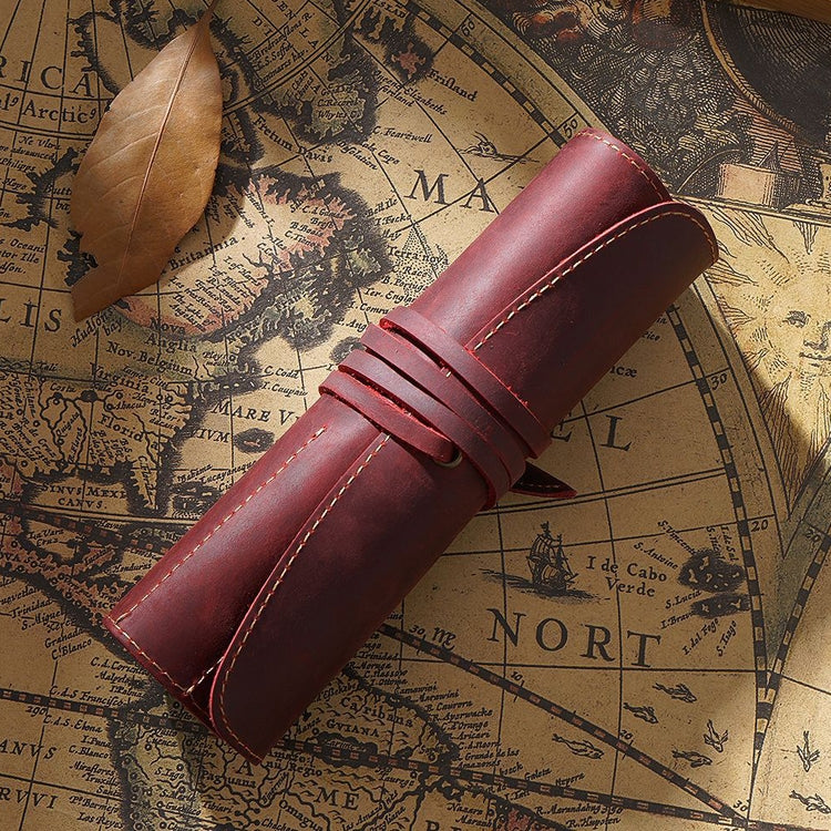 Retro First Layer Cowhide Pen Curtain Simple Literary Pencil Case Multifunctional Volume Pencil Case, Crazy Horse Skin Black, Crazy Horse Skin Coffee, Crazy Horse Skin Brown, Crazy Horse Skin Wine Red, Crazy Horse Skin Ink Green, Crazy Horse Skin Blue