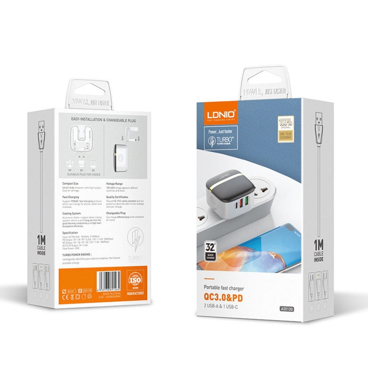 LDNIO A3513Q 32W QC3.0 3 USB Ports Phone Adapter, UK Plug with 8 Pin Cable, UK Plug with Type-C Cable, UK Plug with Type-C to 8 Pin Cable