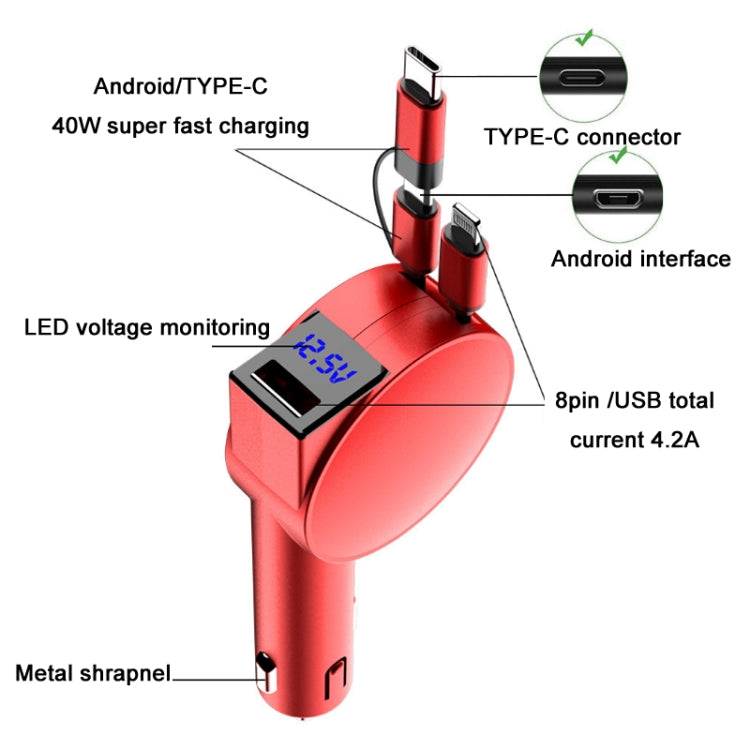 3 In 1 40W Fast Charging Dual Cable Retractable Car Charger, 40W