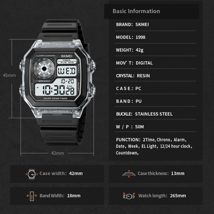 SKMEI 1998 Transparent Shell Ice Sensor Outdoor Sports Waterproof Multi-function Watch, 1998 Black, 1998 White