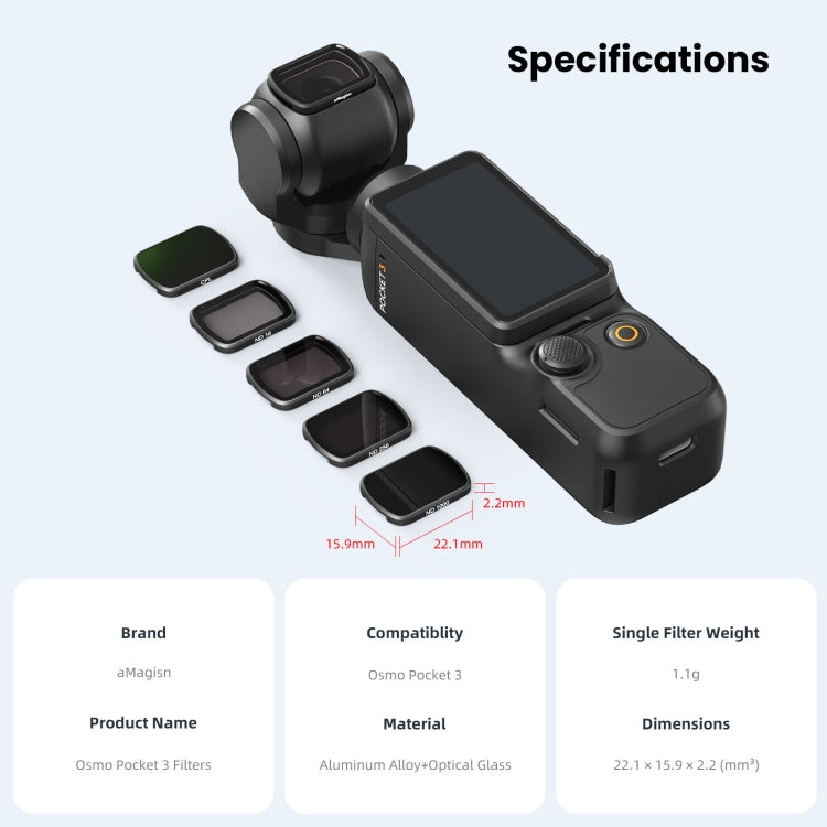 For DJI Osmo Pocket 3 aMagisn HD Double Sided Coated Filters Sports Camera Protective Goggles, CPL, ND16+ND64+ND256 + CPL
