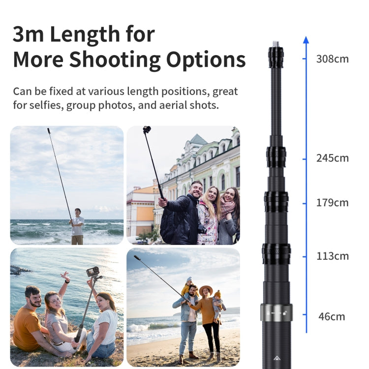 aMagisn 3m Carbon Fiber Invisible Selfie Stick Extension Rod for DJI, Insta360, GoPro and Other Action Cameras