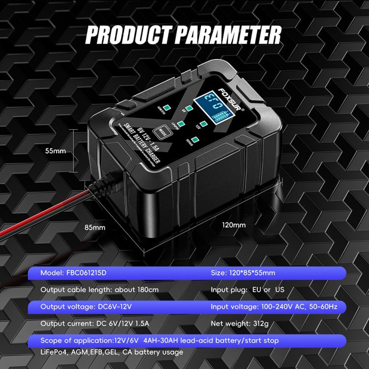 FOXSUR 6V/12V 1.5A Lawn Mower Motorcycle Lead Acid Battery SAE Plug Charger(EU Plug)