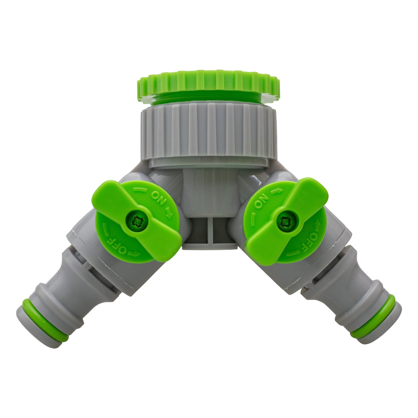 2-Way Tap Connector With Valves 1" or 3/4" BSP Female, Green/Gray